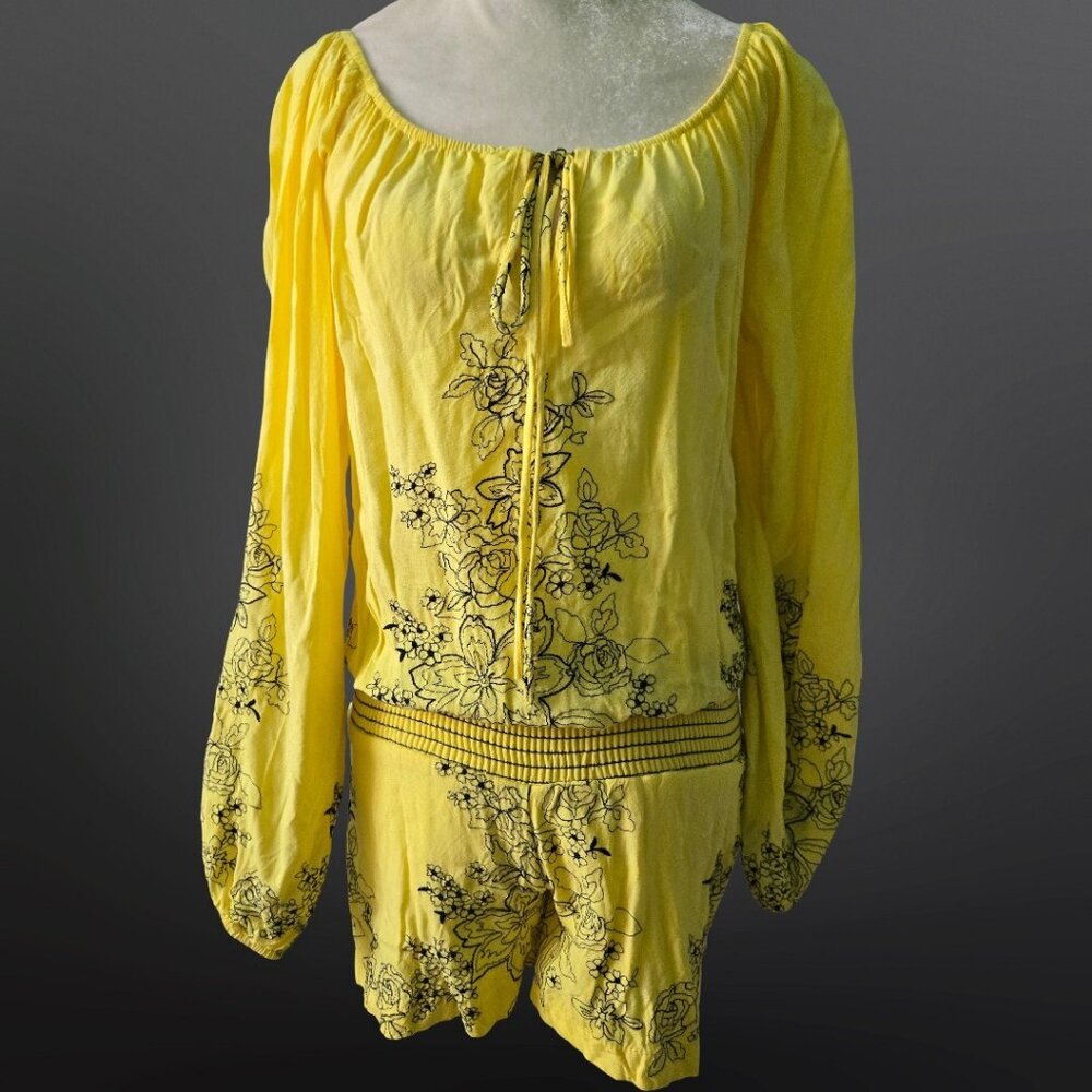 Y2K Yellow Floral Embroidered Romper Size S Boho Fairy Festival Long Sleeve